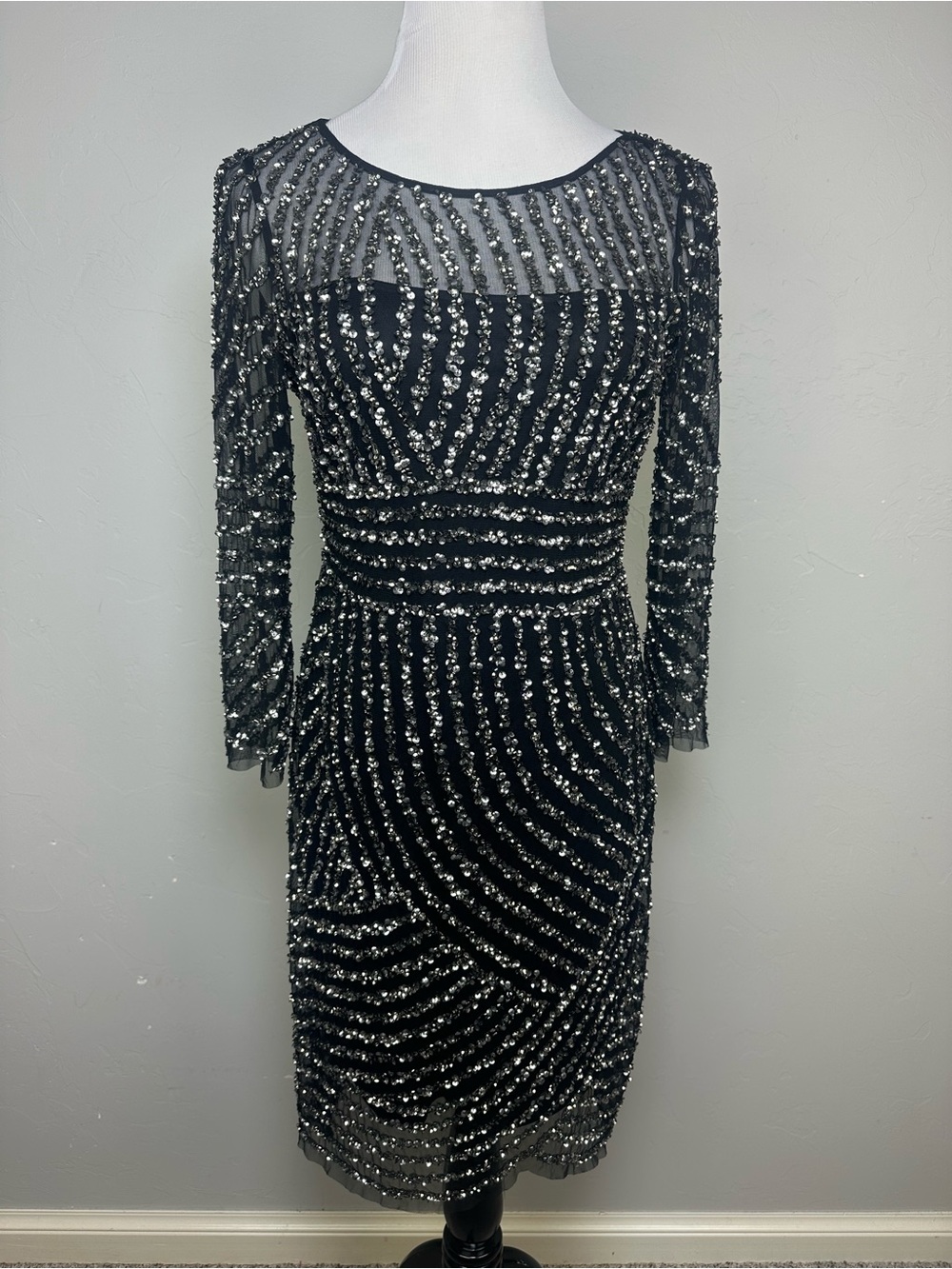 Adrianna Papell Beaded Sequin Cocktail Dress Open Back Black Size 6